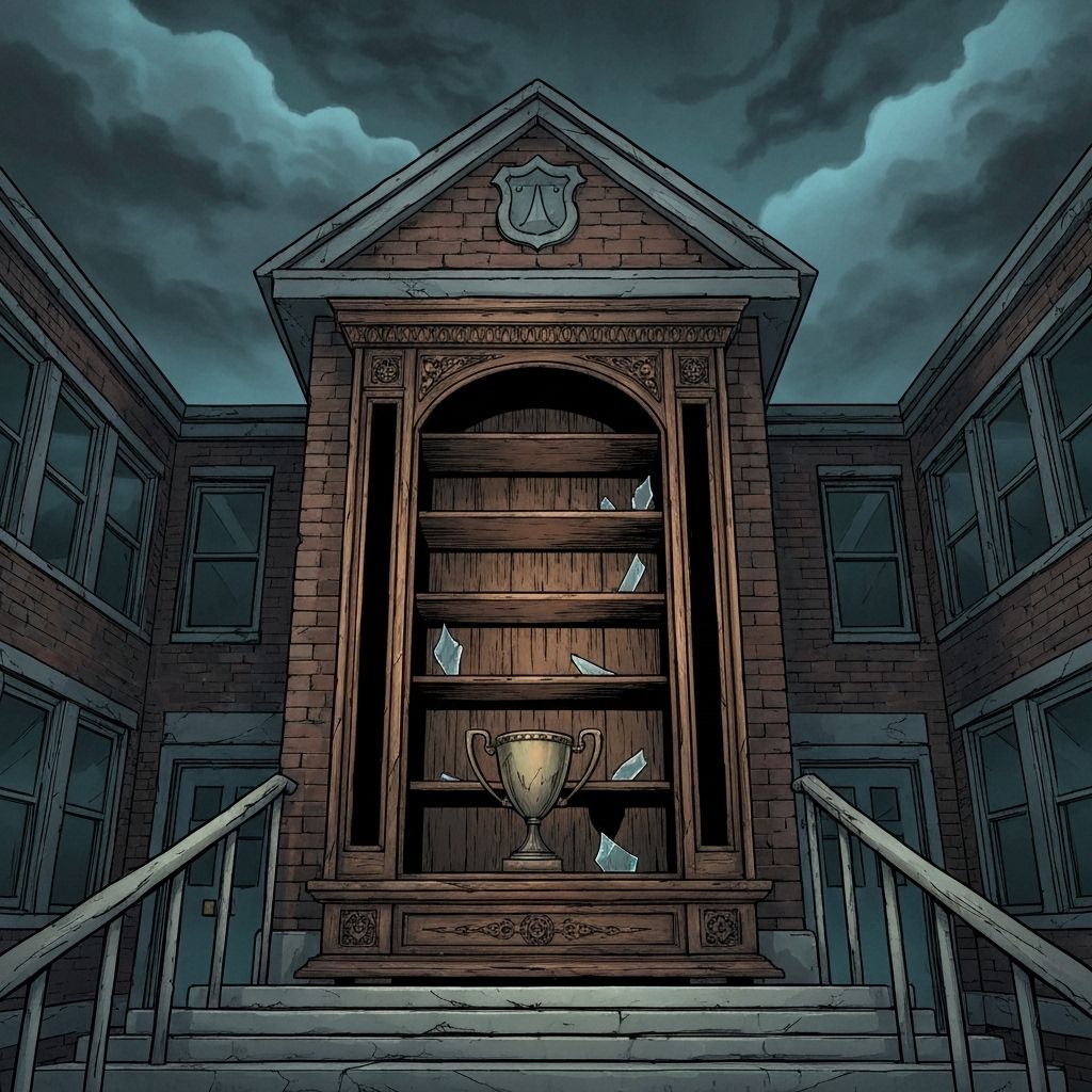 School entrance with empty trophy case
